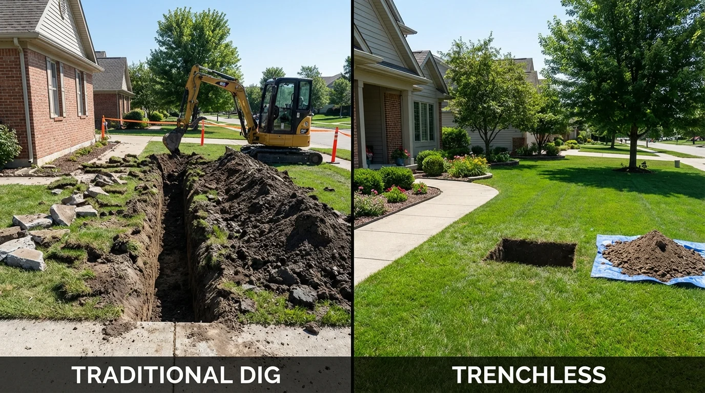 Trenchless sewer repair with minimal yard damage versus traditional excavation in Bolivar, NY
